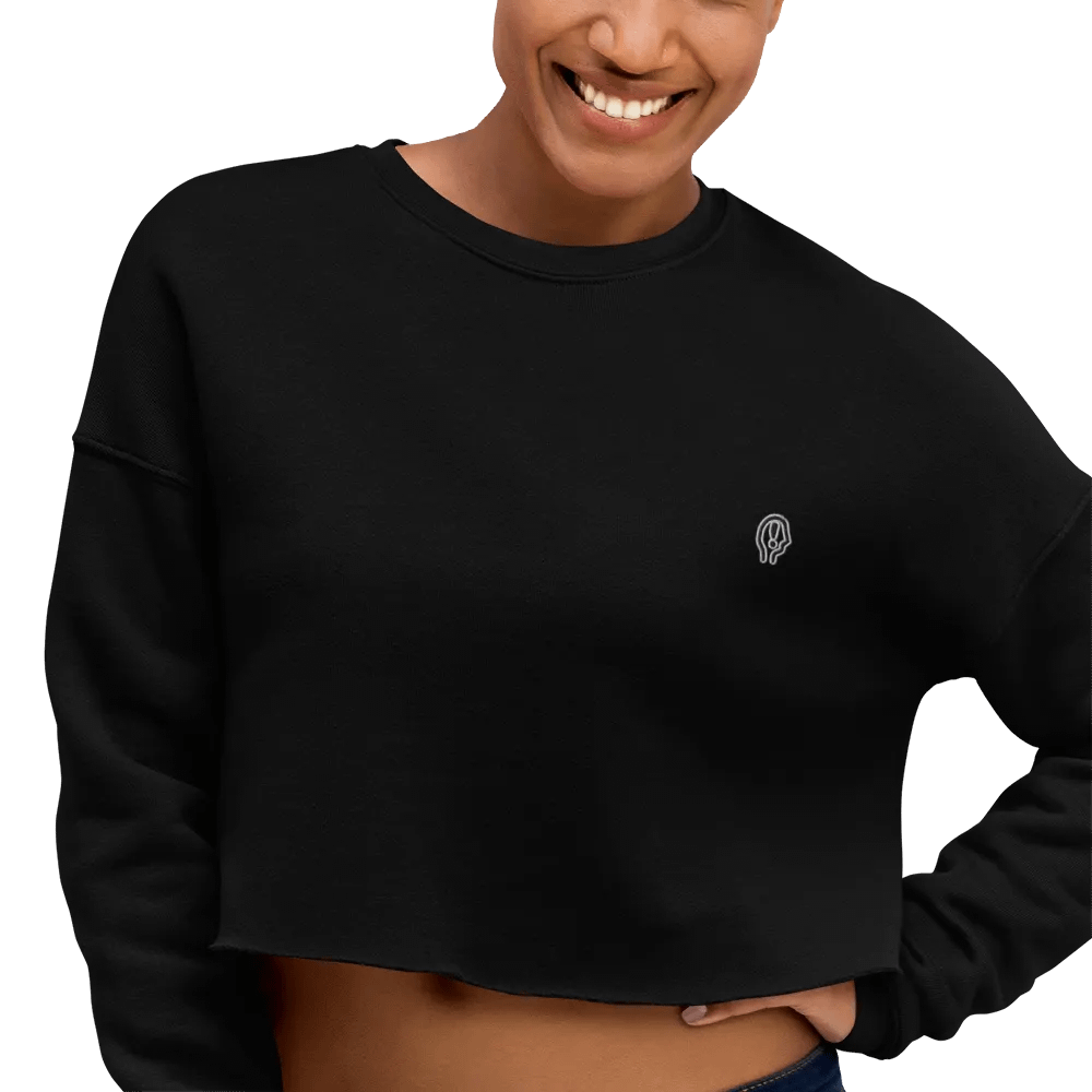 EXCLAIMING MENTALLY (L.C., B&W) embroidered fleece crop crew product image (7)