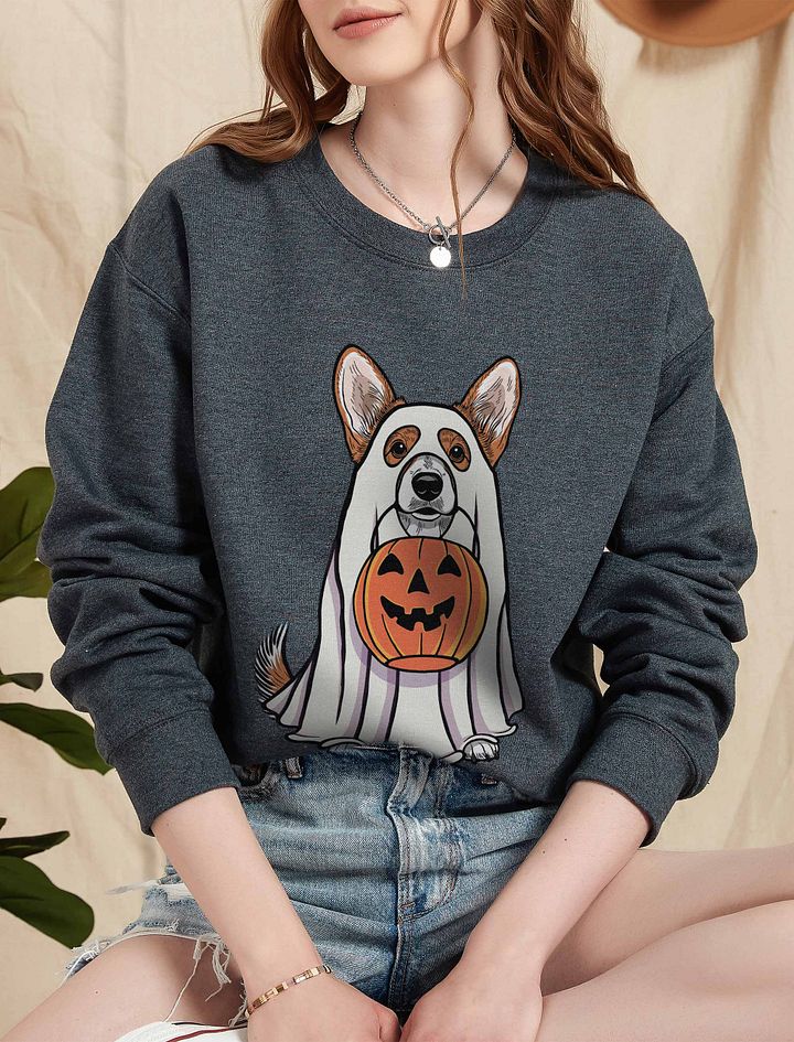 Funny Halloween Cardigan Welsh Corgi(Sable) Sweatshirt | Funny Corgi Wearing a Ghost Costume and Holding a Pumpkin Basket product image (5)