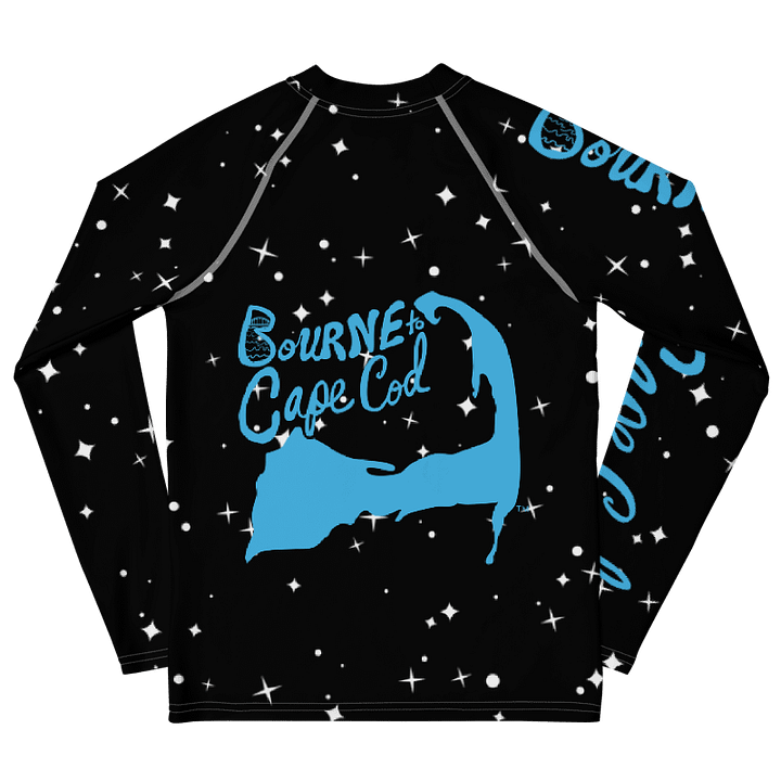 YOUTH | Rash Guard | BRN.2C.C.™ Front Graphic | BOURNE to Cape Cod™ Sleeve & Back Logo | Coastal Swim Shirt for Kids | UV Protection Activewear | Blue Logo on Starry Black product image (2)