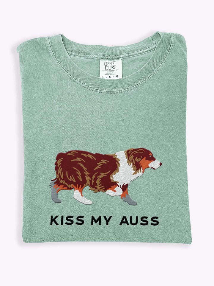 Kiss My Auss T-Shirt(Embroidered) of an Australian Shepherd(Red Tricolor) product image (1)
