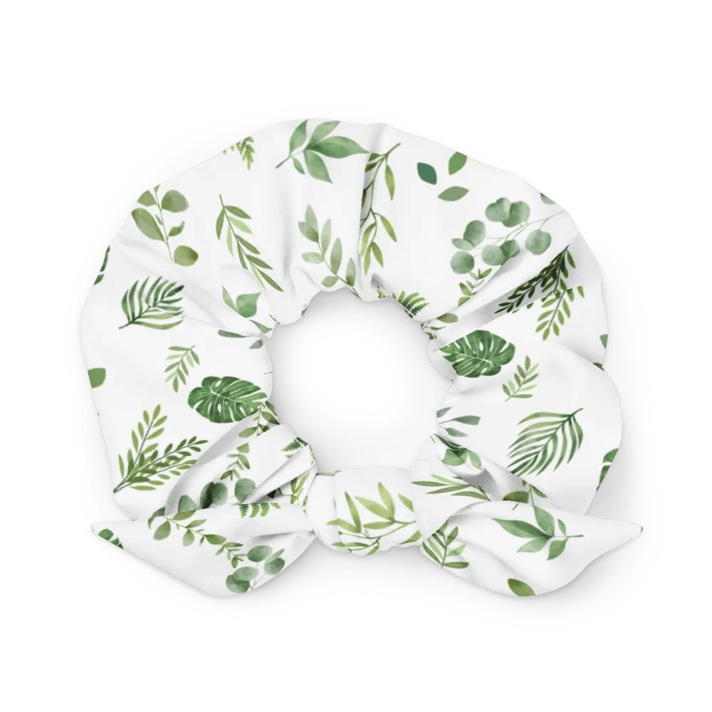 Green leaves pattern on white background Scrunchie with bow product image (1)