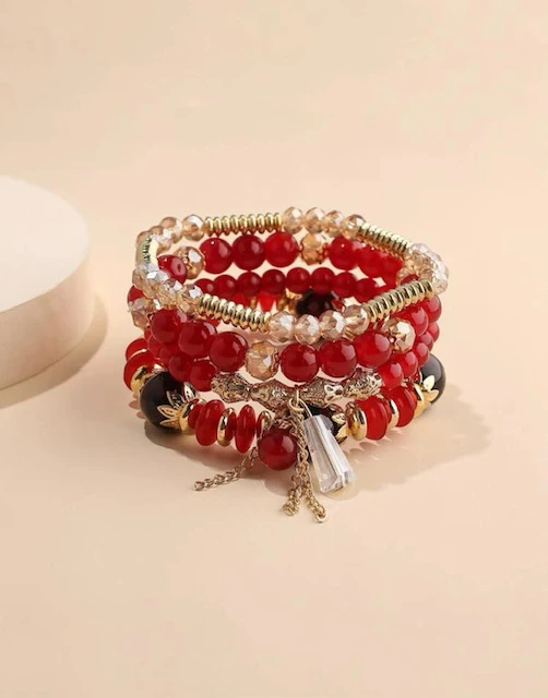 4 PC DECOR RED AND GOLD TASSEL CHARM BEADED BRACELET product image (2)