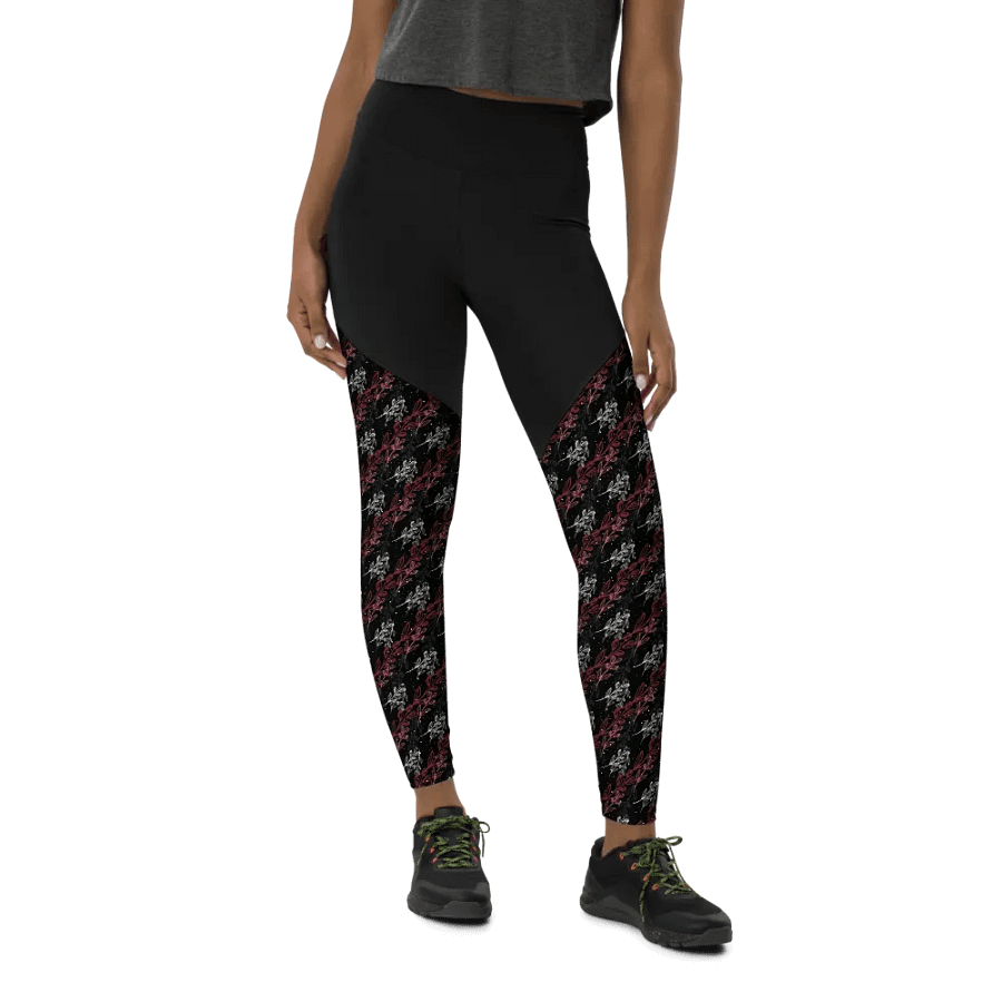 Dark sports Leggings in unusual diagonal red apricot design on black design with slight sparkle. product image (11)