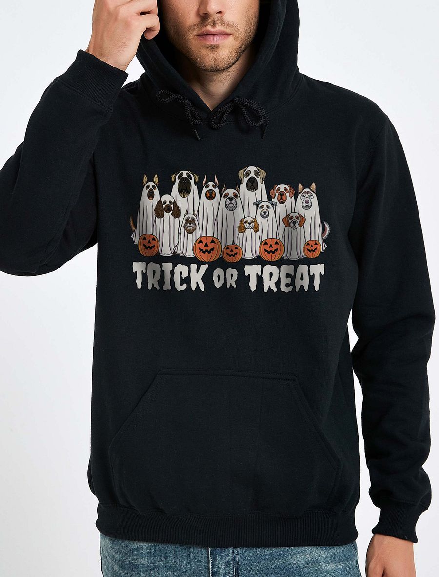 Trick or Treat Funny Halloween Dogs Hooded Sweatshirt | Funny Dogs Wearing Ghost Costumes and Holding Pumpkin Baskets product image (1)