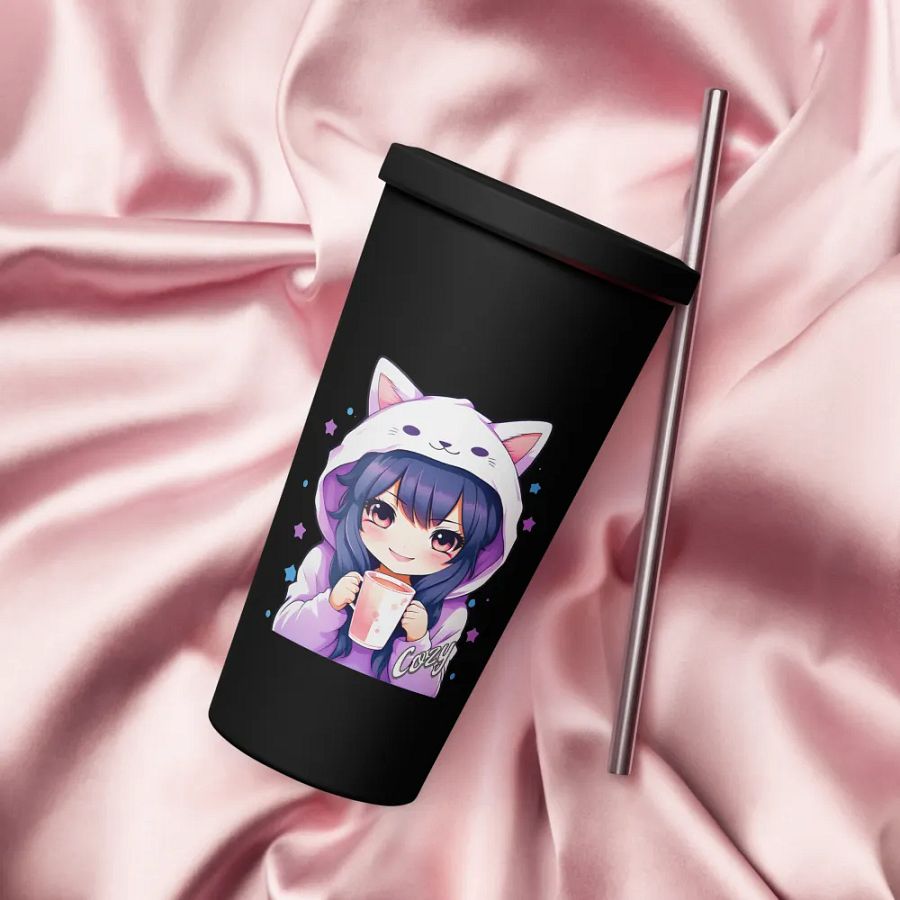 Cozy Kawaii Anime Girl 20 oz Tumbler Cup - Black - Insulated Tumbler with a Straw product image (4)