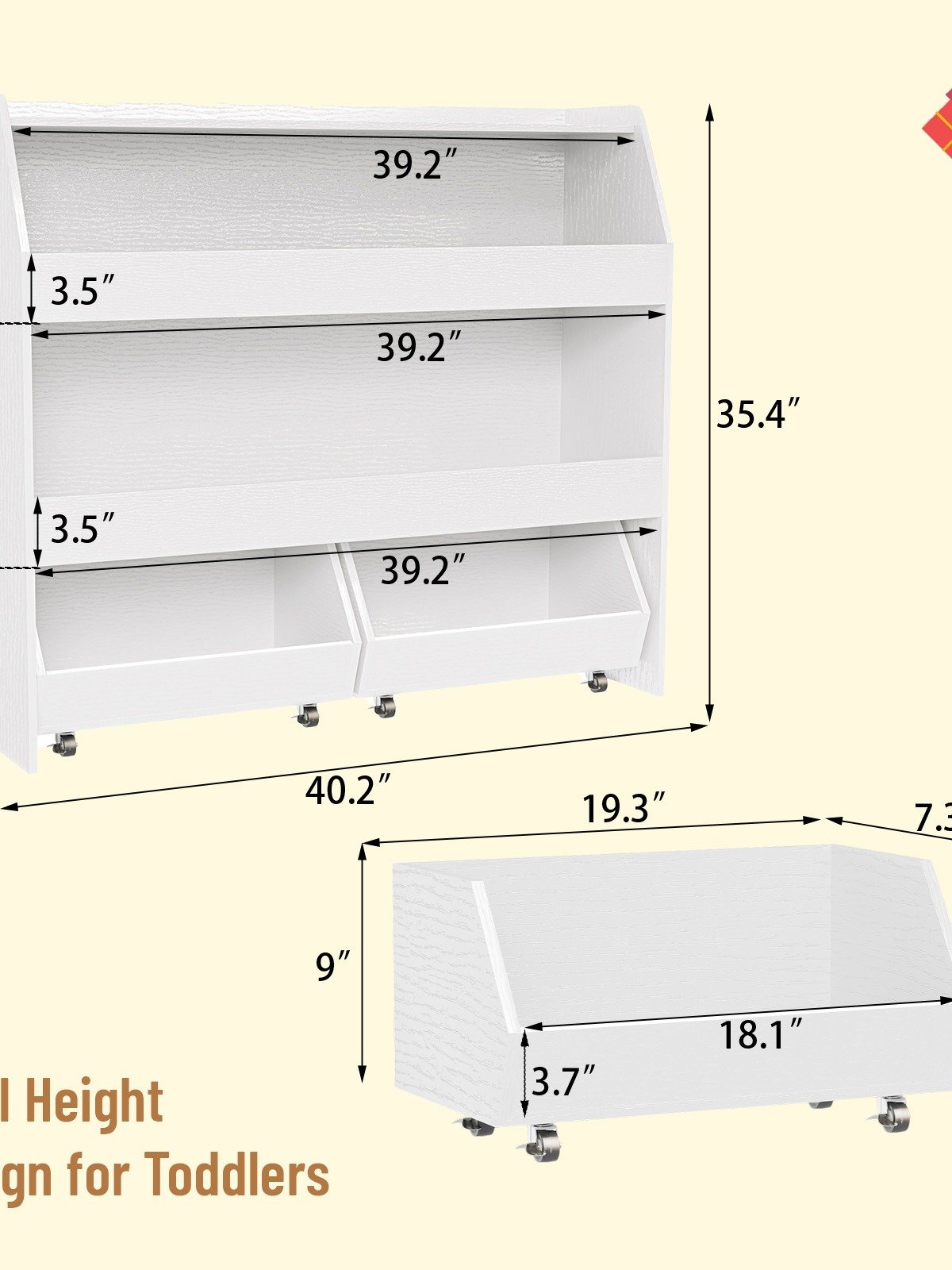 3-Tier Portable Toy Storage, Kids Toy Organizer W/2 Removable Bins with 4 Wheels（White) product image (2)