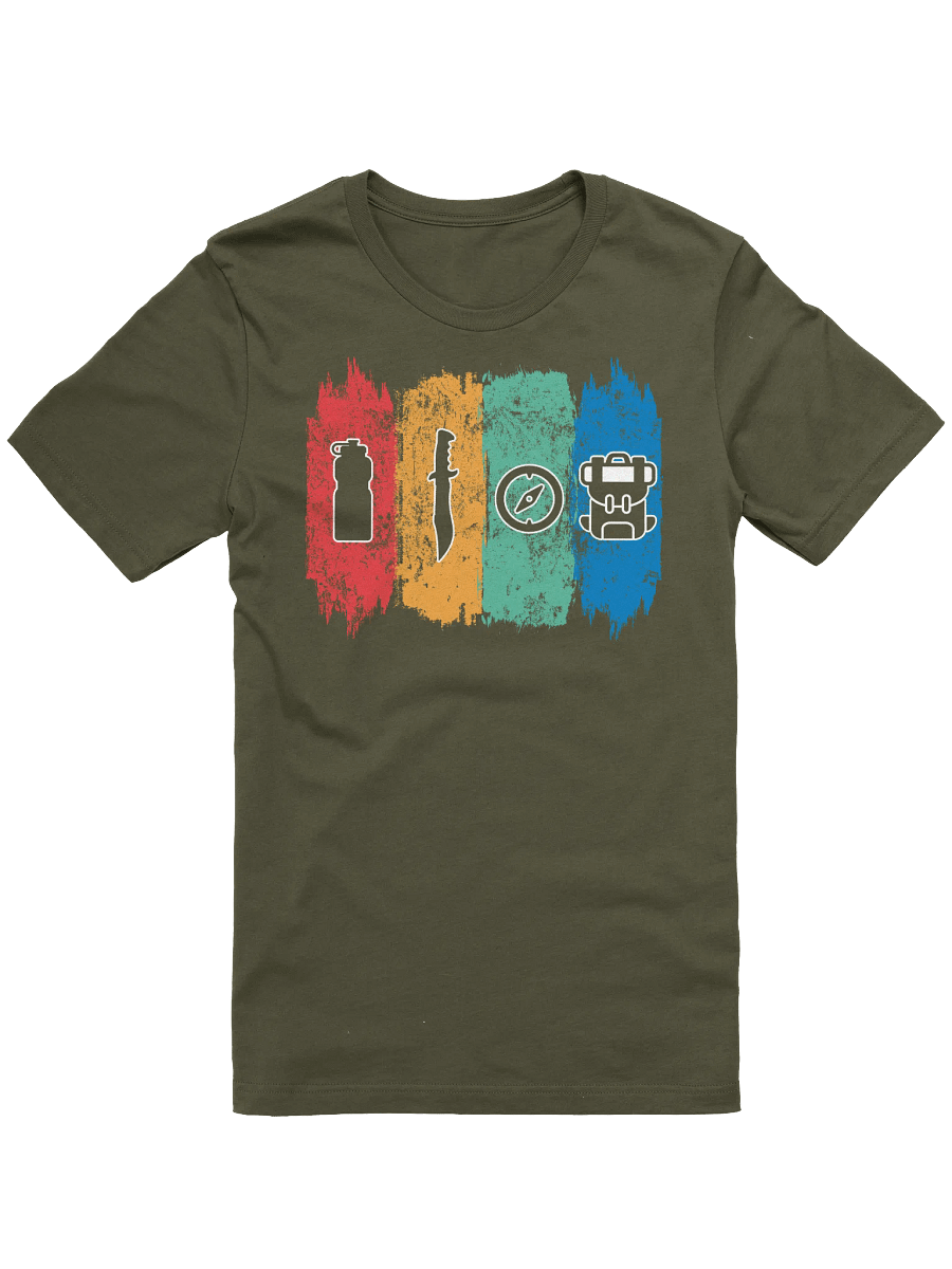 Modern Vintage Outdoor Adventure Icons T-Shirt - Water Bottle, Knife, Compass & Backpack, Nature Lover Gift, Wilderness Explorer Top product image (1)