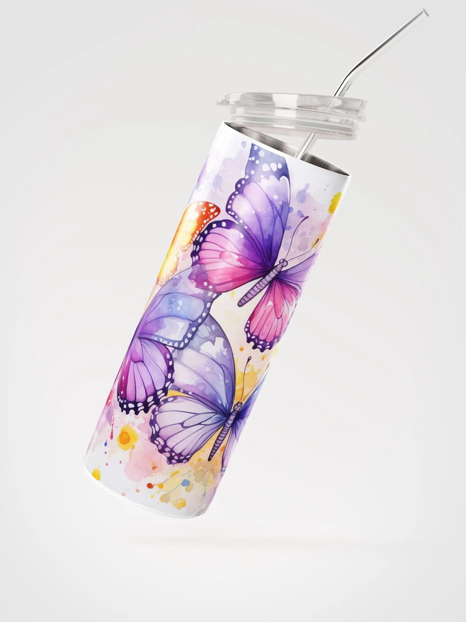 Watercolor Butterfly Purple Yellow Stainless Steel Tumbler product image (2)