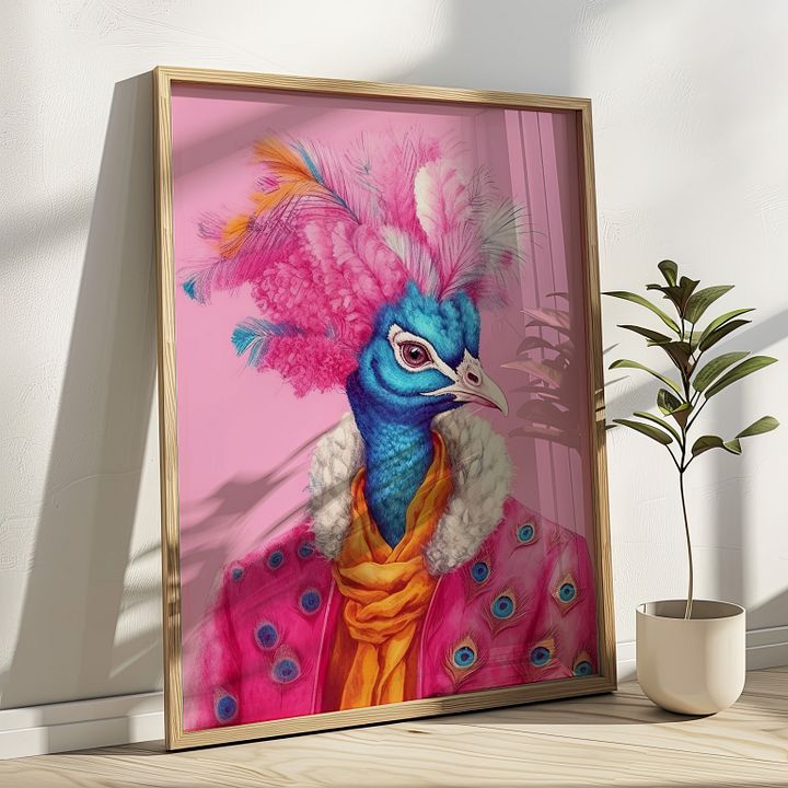 Anthropomorphic Peacock in Pink Coat Animal Portrait product image (2)