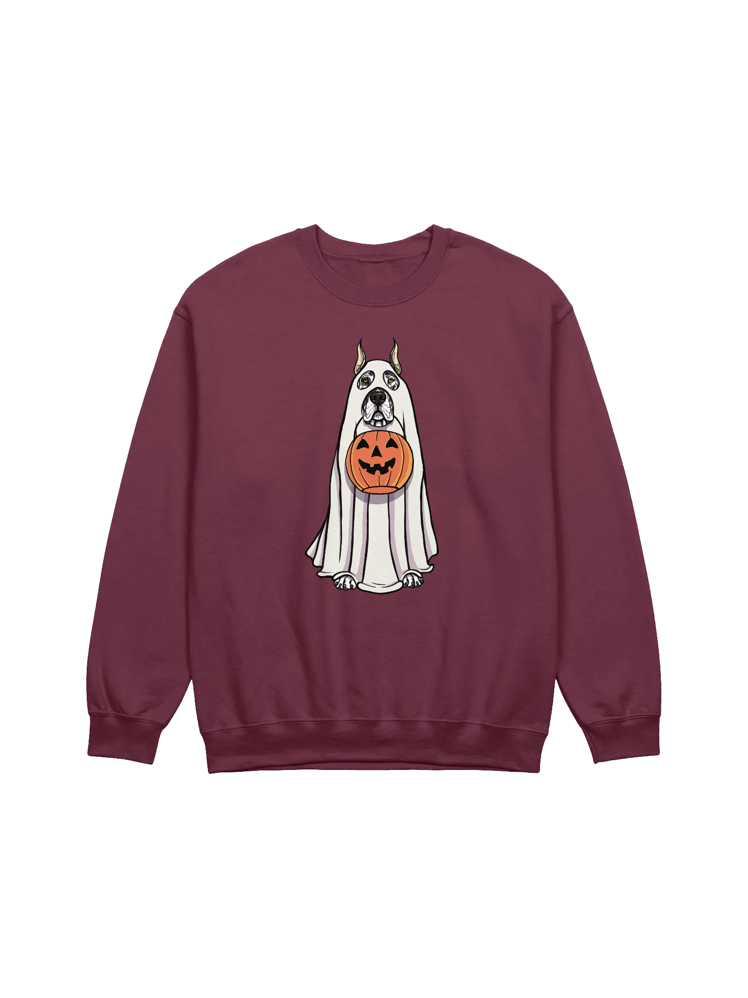 Funny Halloween Great Dane(Cropped Ears Harlequin) Sweatshirt | Funny Great Dane Wearing a Ghost Costume and Holding a Pumpkin Basket product image (12)