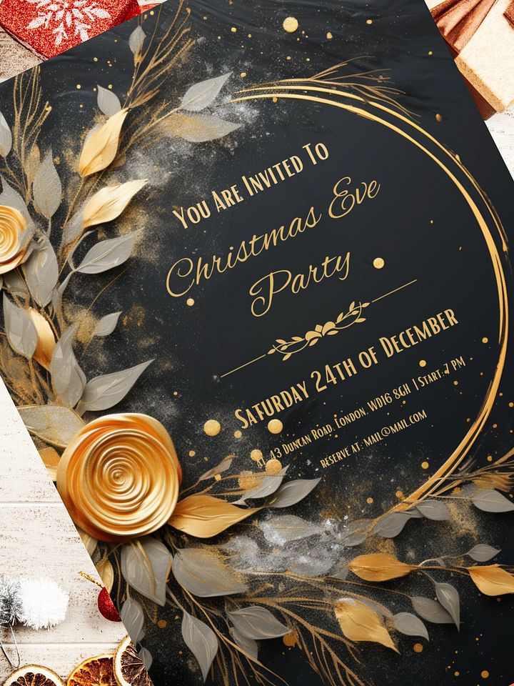 Gold Rose 3D Christmas Eve Party Invitation | Editable in Canva | Christmas Party Printable | Holiday Invitation Template | Link to Canva product image (2)