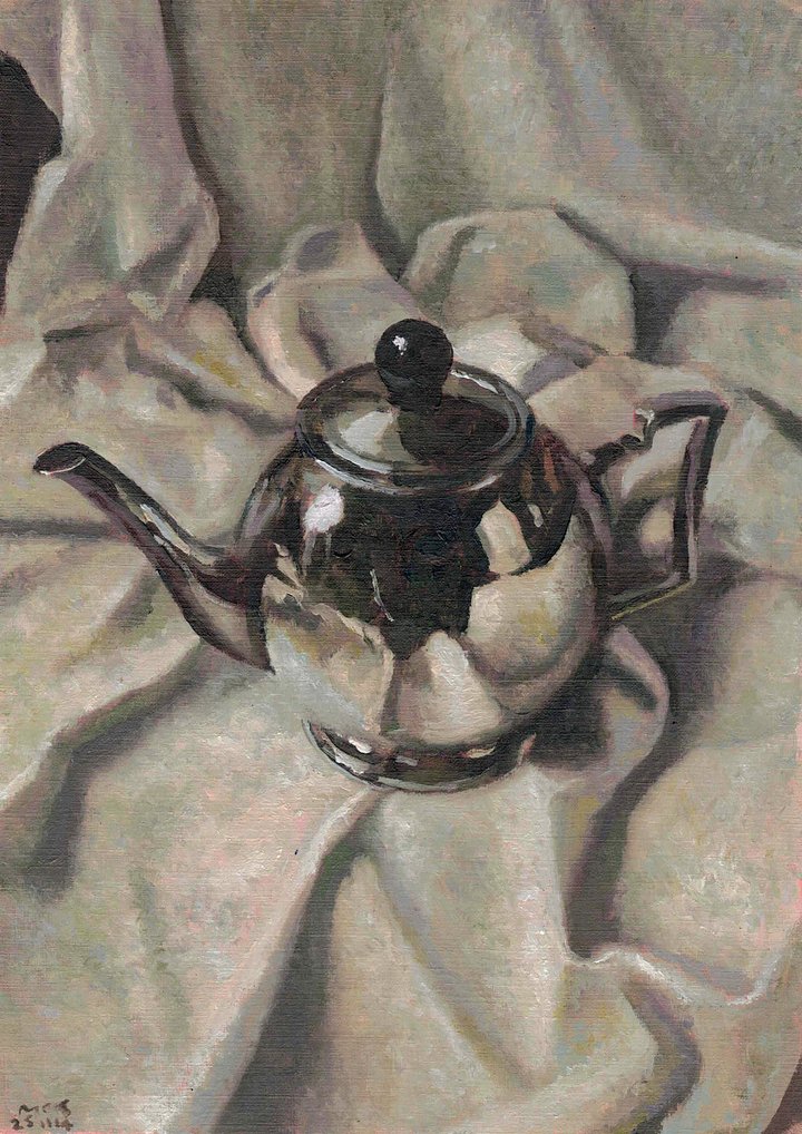 251114 Silver Art Deco Teapot on Linen Original Study Artwork. product image (1)