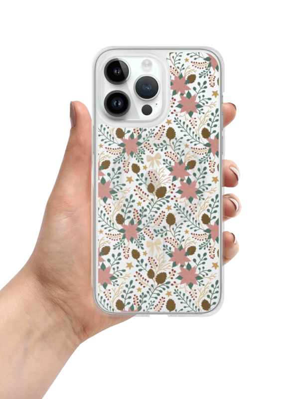 MagSafe® clear case for iPhone enchanted forest blooms. Botanical Christmas design with poinsettias and winter details product image (4)