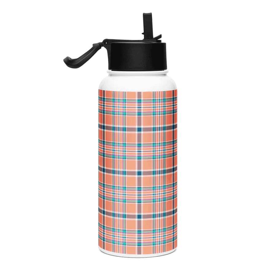 Orange Coral and Blue Plaid Water Bottle product image (1)