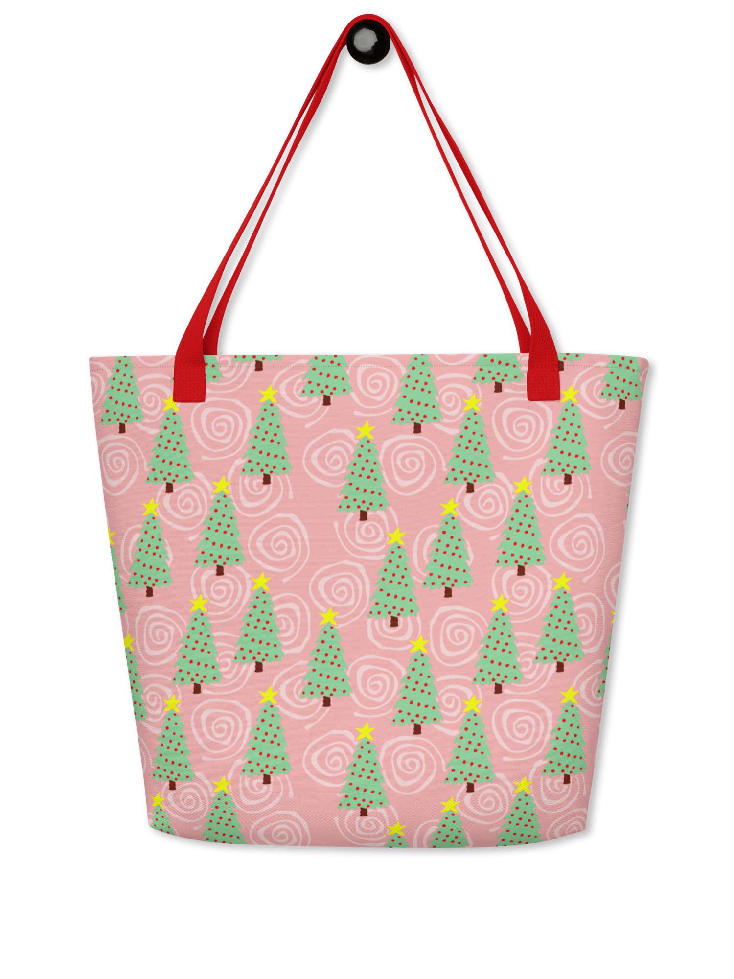 Green Christmas Trees on Christmas Pink with Swirls – Large Tote Bag product image (1)