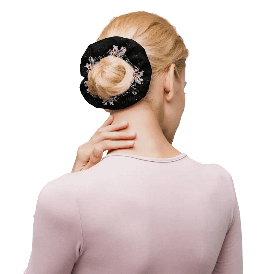 Hair Scrunchie - Painted Pink Flowers on a Black Background product image (10)