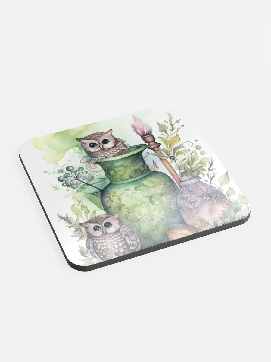 Glossed Cork Coaster 🦉 Peaceful Green Theme - Owls Vibes - Motif 2 product image (2)