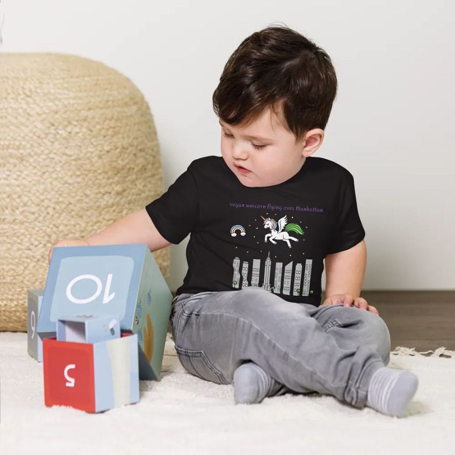 “Vegan Unicorn Flying Over Manhattan” Black T-Shirt for Kids product image (5)
