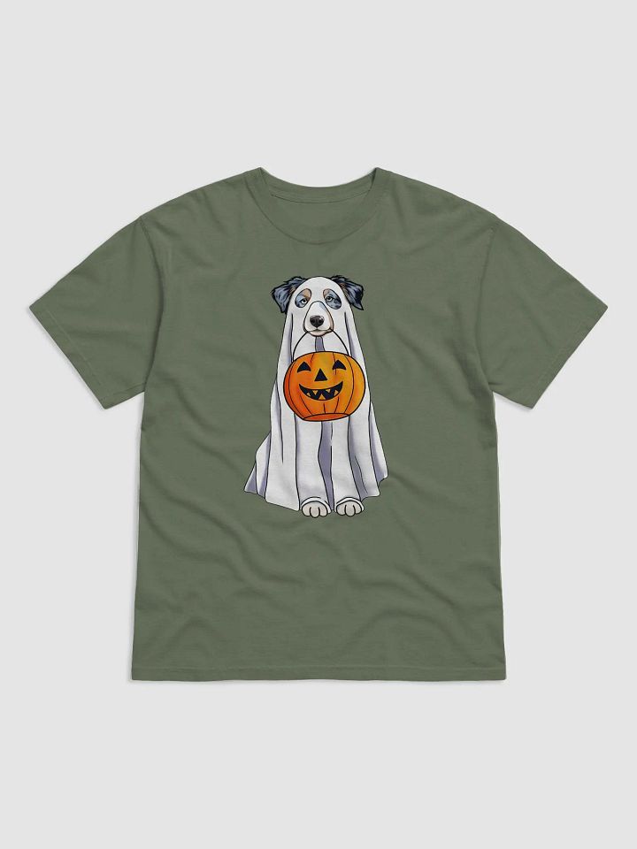 Australian Shepherd Halloween Tee | Funny Halloween Aussie Wearing a Ghost Costume & Pumpkin Basket product image (2)