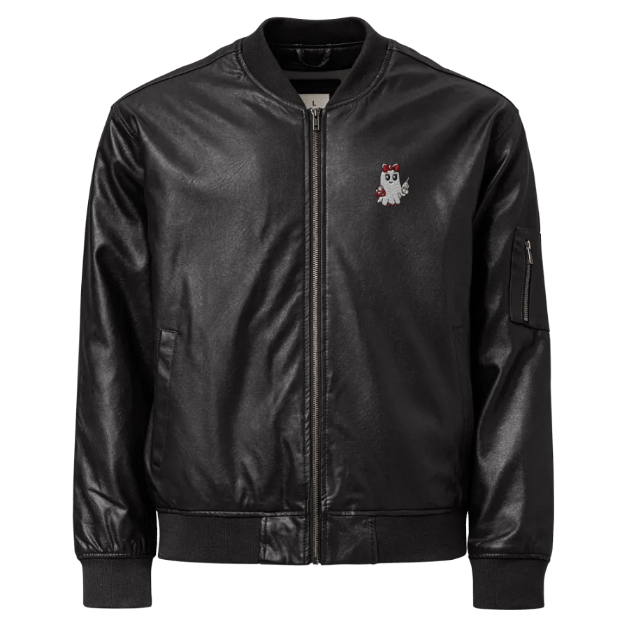 Stylish Ghost Embroidered Faux Leather Bomber Jacket product image (1)