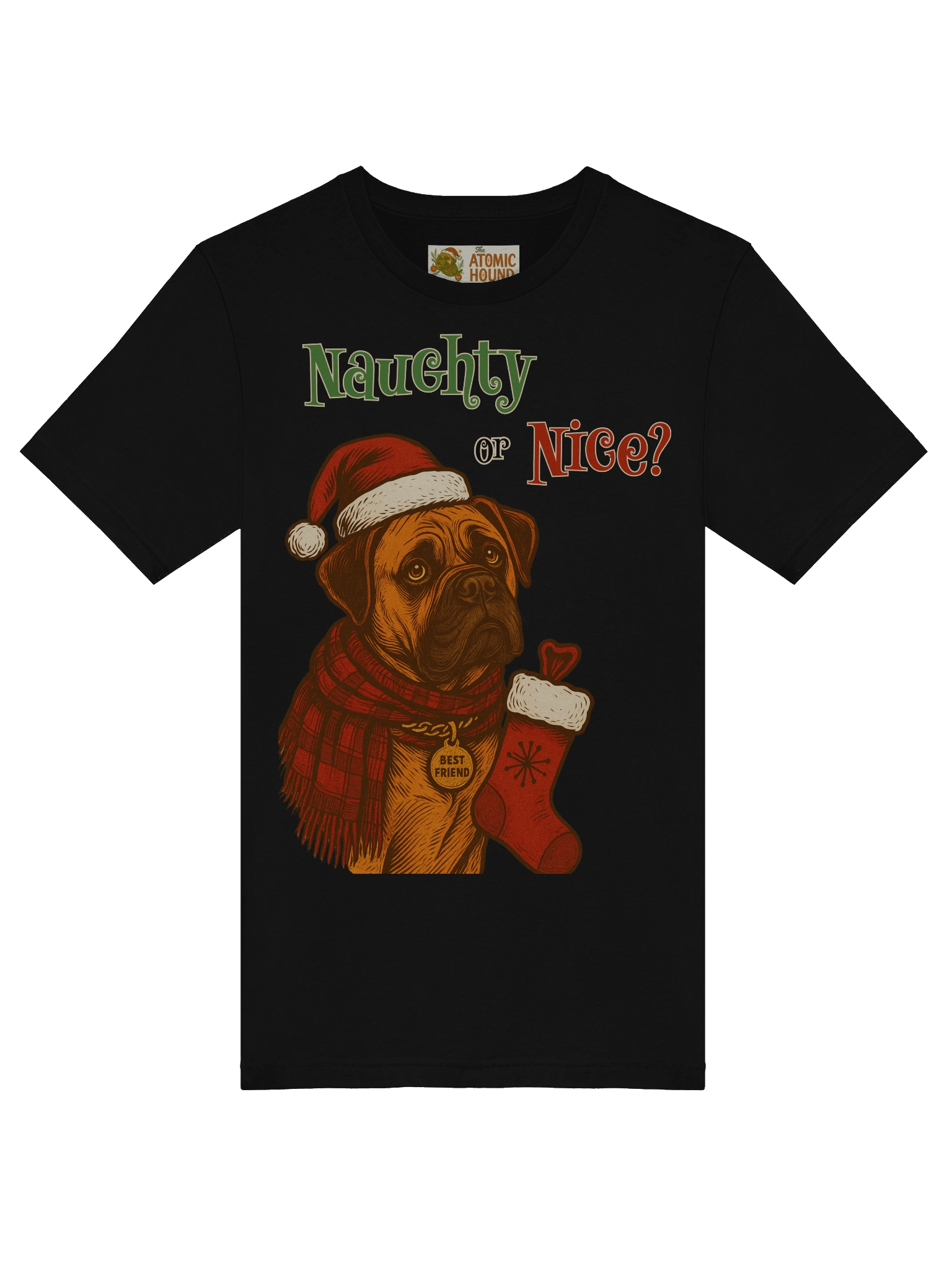 Naughty or Nice Bullmastiff Christmas Shirt – Cute Dog Lover Holiday Tee – Funny Bullmastiff Gift – Santa Hat Dog Christmas T-Shirt – Atomic Hound Retro Design product image (6)