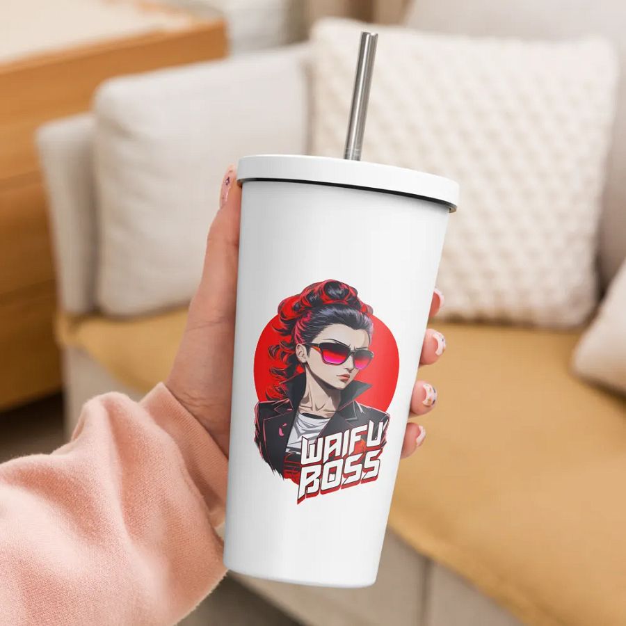 Waifu Boss 20 oz Tumbler Cup - White - Insulated Tumbler with a Straw v2 product image (3)