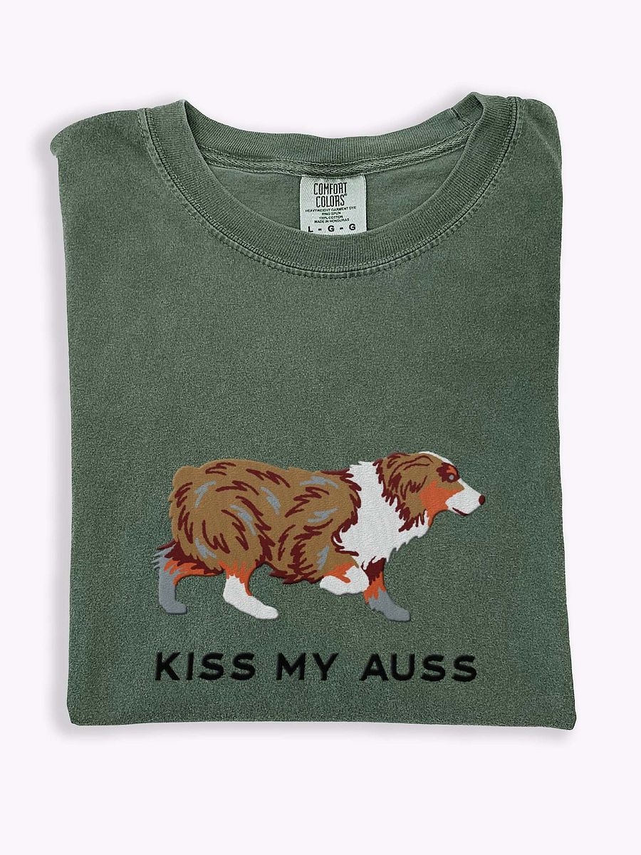 Kiss My Auss T-Shirt(Embroidered) of an Australian Shepherd(Red Merle) product image (1)