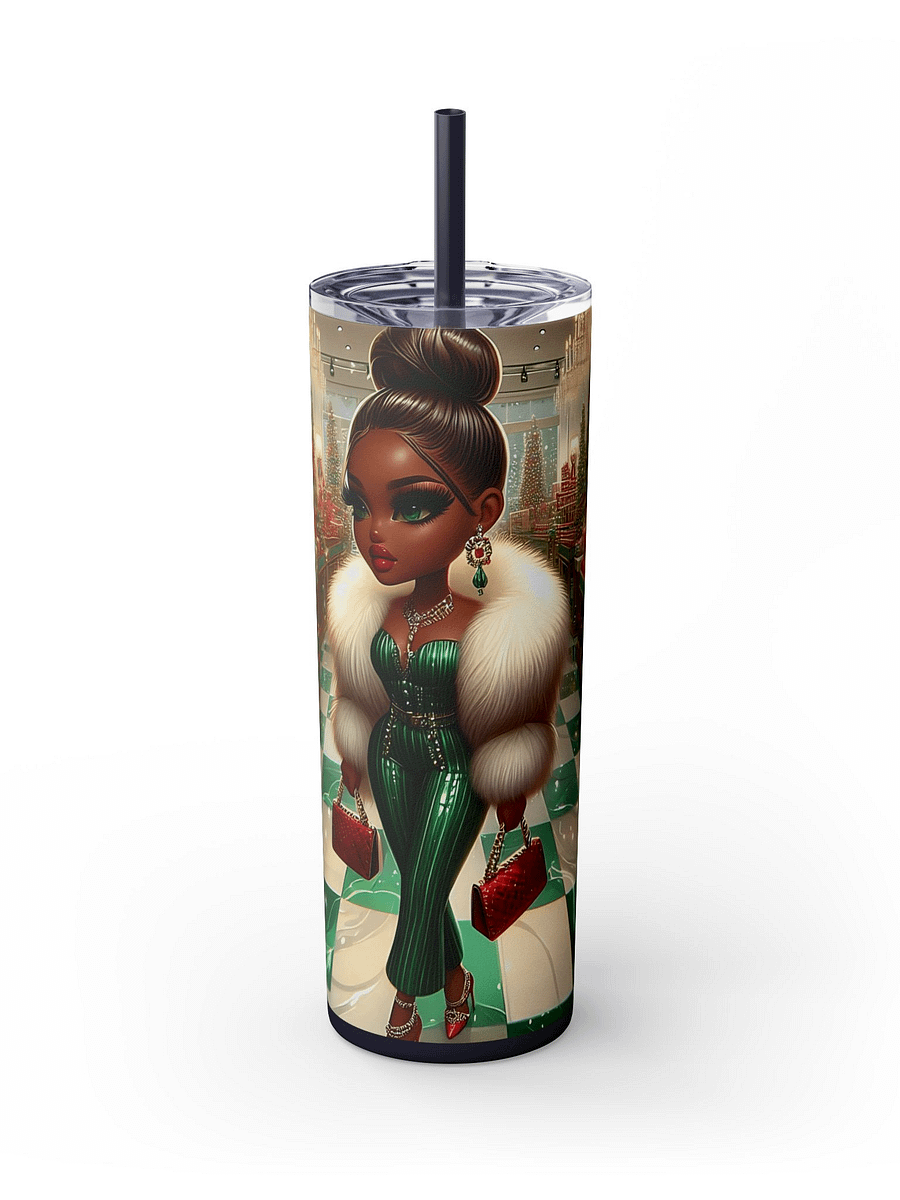 Glam Holiday Diva Tumbler Wrap, Christmas Tumbler Sublimation Design, Stylish African American Woman in Festive Green, 20 oz Skinny Tumbler product image (2)