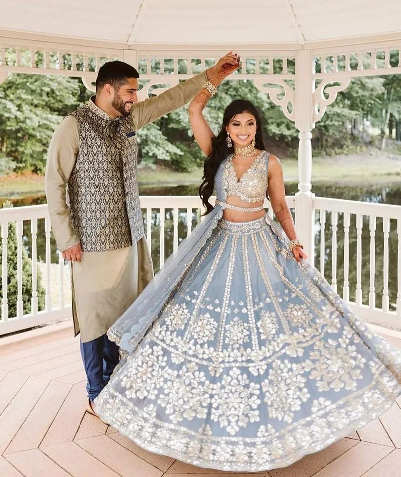 Grey Net Foil Embroidery Indian Party Wear Lehenga Lengha Choli Pakistani Skirt product image (3)