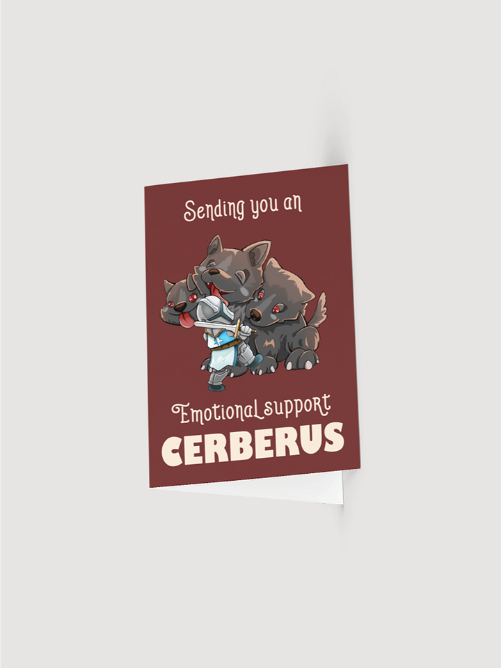 Emotional Support Cerberus & Knight greeting card, cute gift for RPG players, fantasy fiction enthusiasts, and dog lovers product image (1)