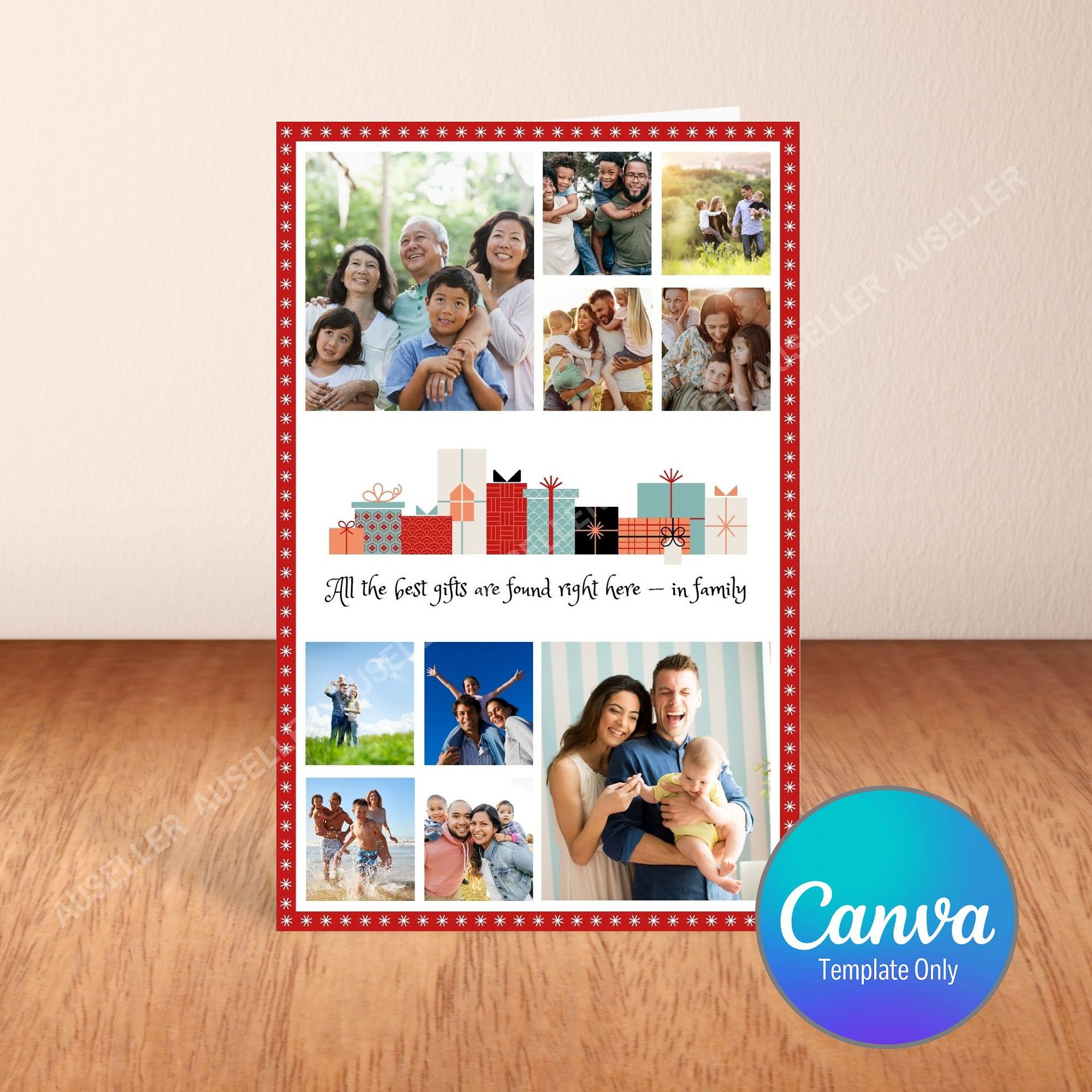 Christmas Photo Collage Card With Stars In Red Border Template product image (1)