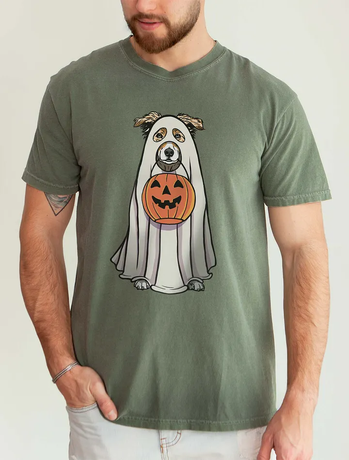 Funny Halloween Australian Shepherd(Red Merle)T-Shirt | Funny Aussie Wearing a Ghost Costume and Holding a Pumpkin Basket product image (5)