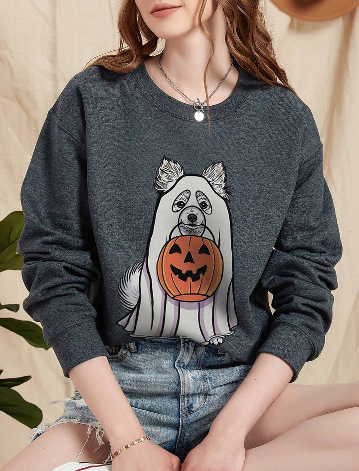 Funny Halloween Pomeranian(White) Sweatshirt | Funny Pomeranian Wearing a Ghost Costume and Holding a Pumpkin Basket product image (5)