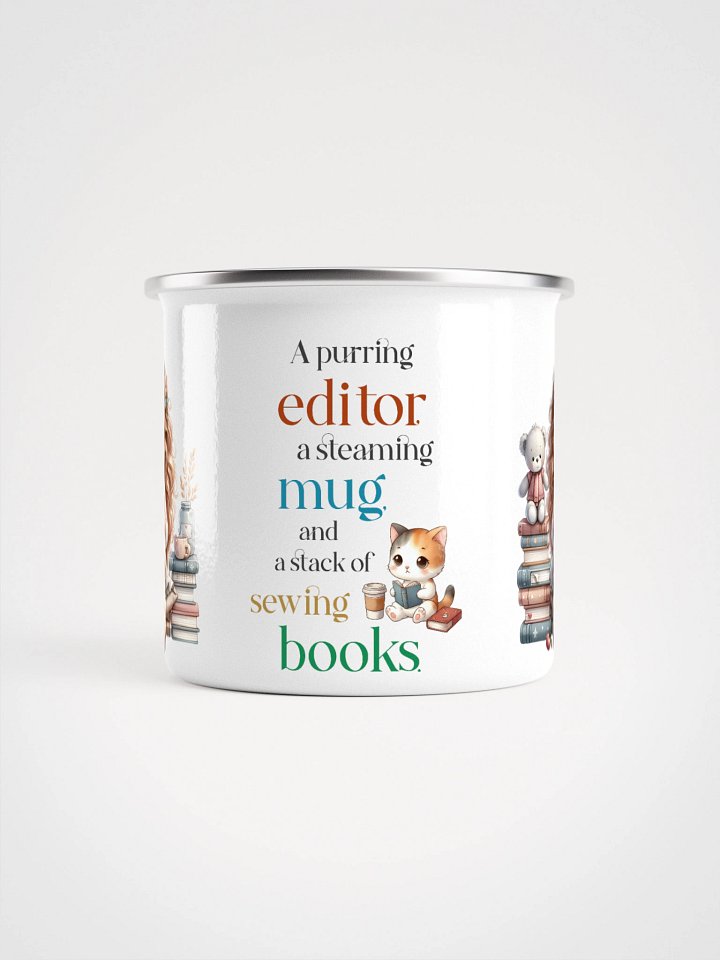 “A Purring Editor” Enamel Mug – Cute Cat, Coffee & Sewing Book Quote Gift product image (2)