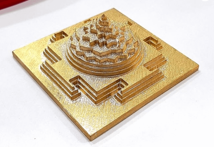 Combo Offer Maha Meru Shri Yantra with Gold Plated and Accurate Cutting (Size-1.5x1.5 inch) 100 Grm + kamalgatta mal 54 beads+ mini wooden pooja pat product image (3)