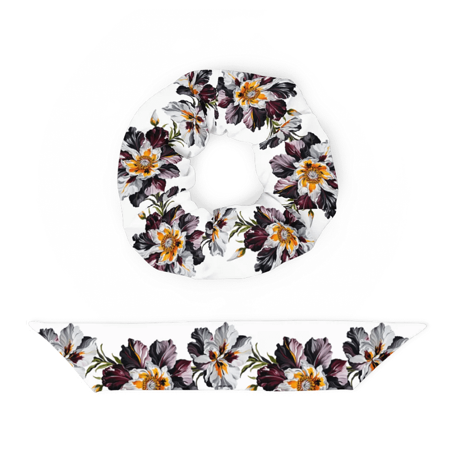Hair Scrunchie - Painted Crimson, Black, and Yellow Flowers on White product image (4)