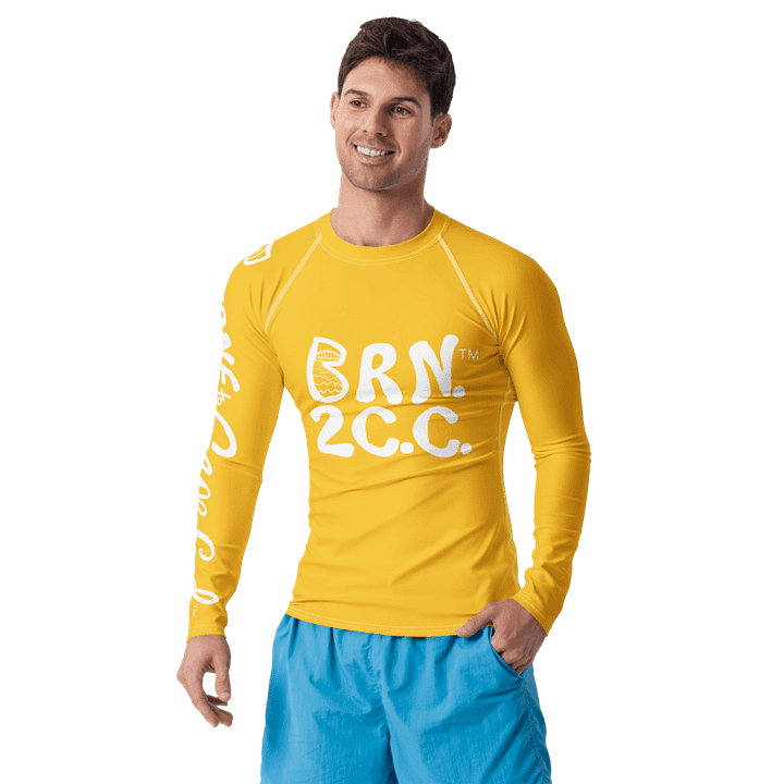 BRN.2C.C.™ /BOURNE to Cape Cod™ | Men’s Long Sleeve Rash Guard | UPF 50+ Active Coastal Shirt | White Logos on Yellow product image (1)