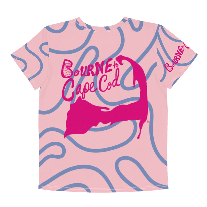 🦩YOUTH | Girls’ | BOURNE to Cape Cod™ | Logo Tee – All-Over Print | BRN.2C.C.™ | Coastal Cutie Vibes💖 | Pink Logo on Purple Squiggles on Pink product image (2)
