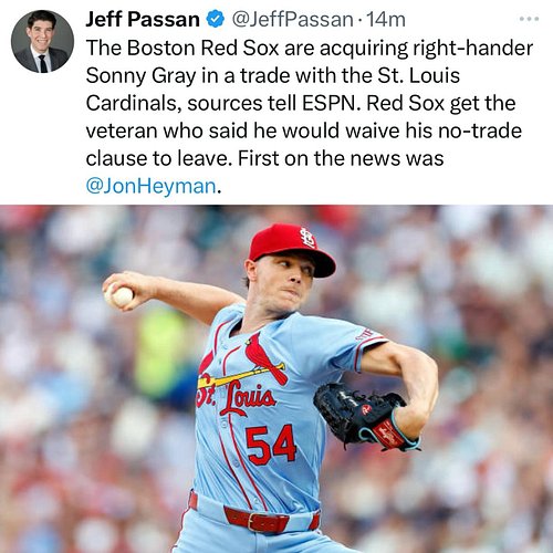 🚨BREAKING: Per multiple reports the Red Sox are acquiring RHP Sonny Gray in a trade with St. Louis. More details on the trade...