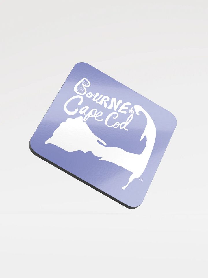 BOURNE to Cape Cod™ | Coastal Coaster | Glossed Cork | Eco-Friendly | Minimalist Coastal Decor | 3.74" Square | White Logo on Slate Blue product image (1)