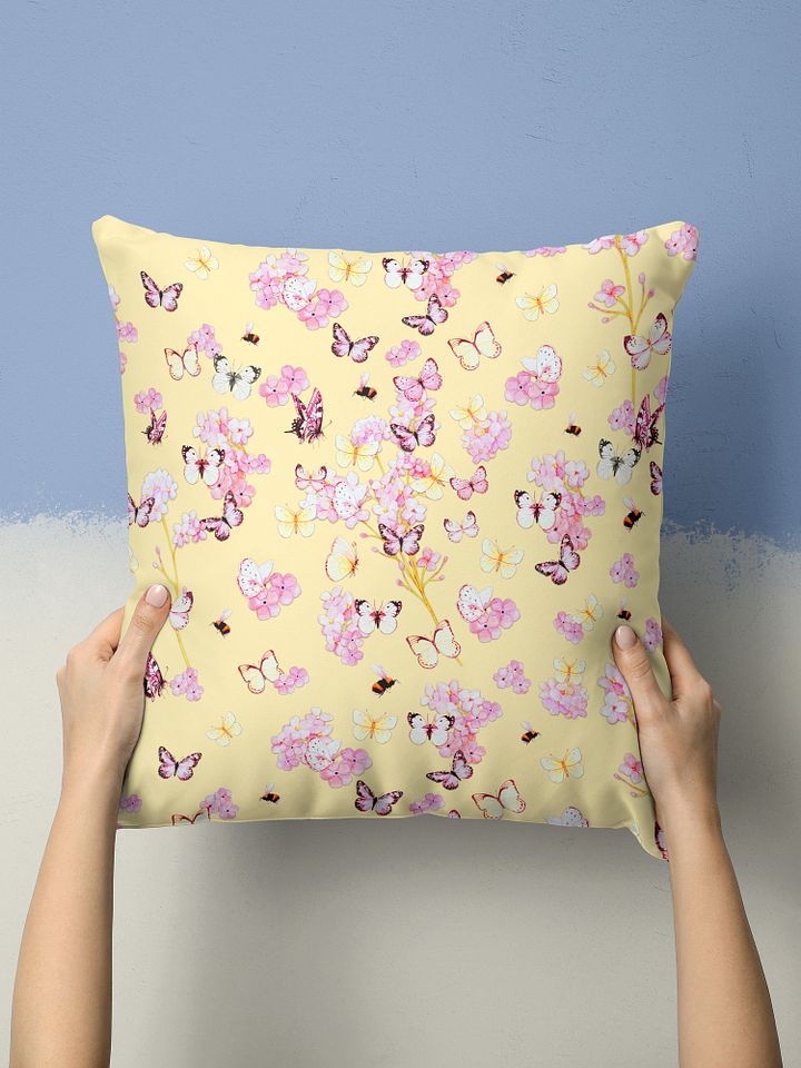 PINK BUTTERFLY GARDEN ON YELLOW SUMMER PILLOW product image (1)