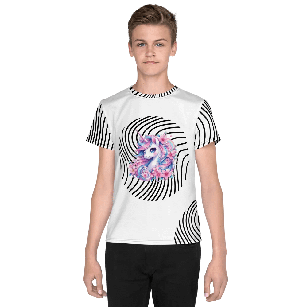 KIDS- GIRL TEE -Black Groovy line with Unicorn design- All-Over Print Youth Crew Neck T-Shirt product image (1)