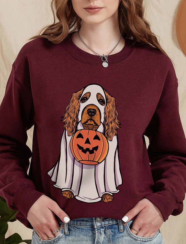 Funny Halloween Cocker Spaniel Sweatshirt | Funny Cocker Spaniel Wearing a Ghost Costume and Holding a Pumpkin Basket product image (10)