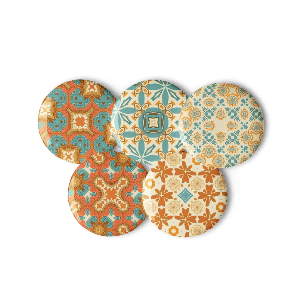 Set of 5 Retro Pattern Pins – Tan, Teal & Orange Palette product image (1)
