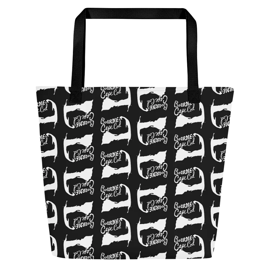 BOURNE to Cape Cod™ | Large Tote Bag with Pocket | Coastal Classic | All-Over Logo Print | White Logo Repeat on Black product image (3)