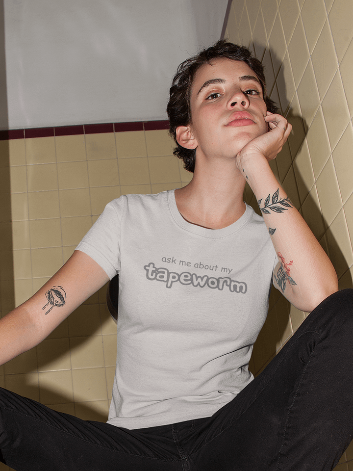 ask me about my tapeworm supersoft unisex t-shirt product image (1)