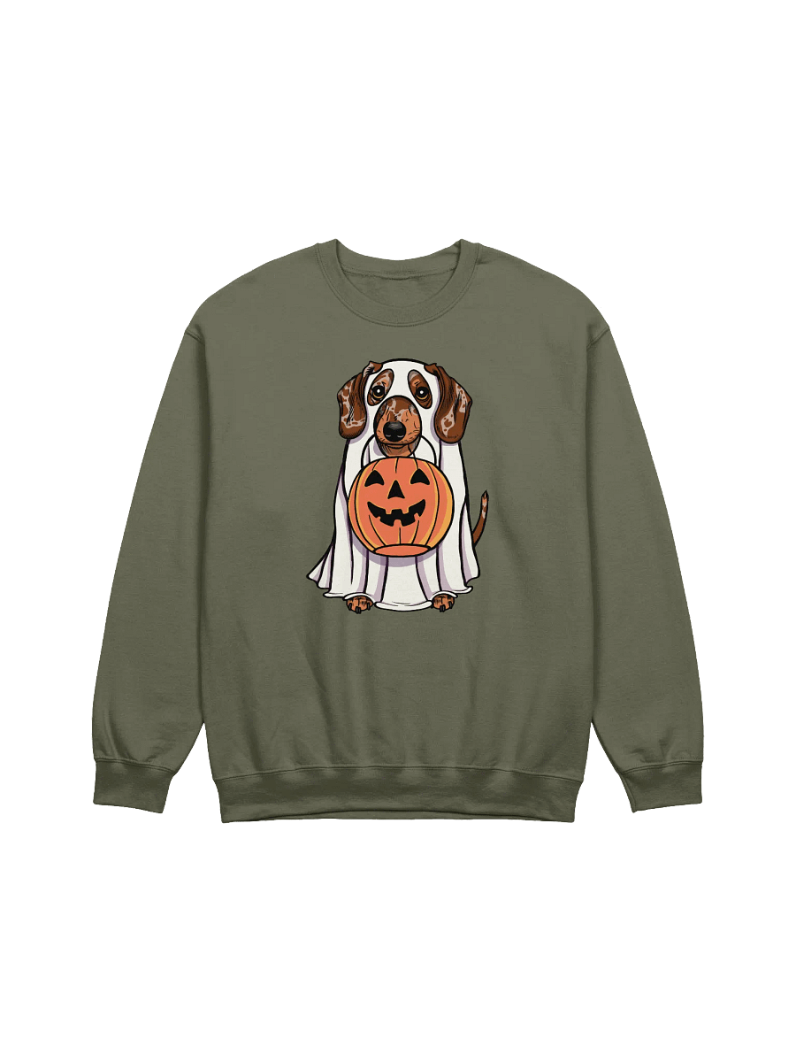 Funny Halloween Dachshund(Dapple 2) Sweatshirt | Funny Doxie/Wiener Wearing a Ghost Costume and Holding a Pumpkin Basket product image (17)