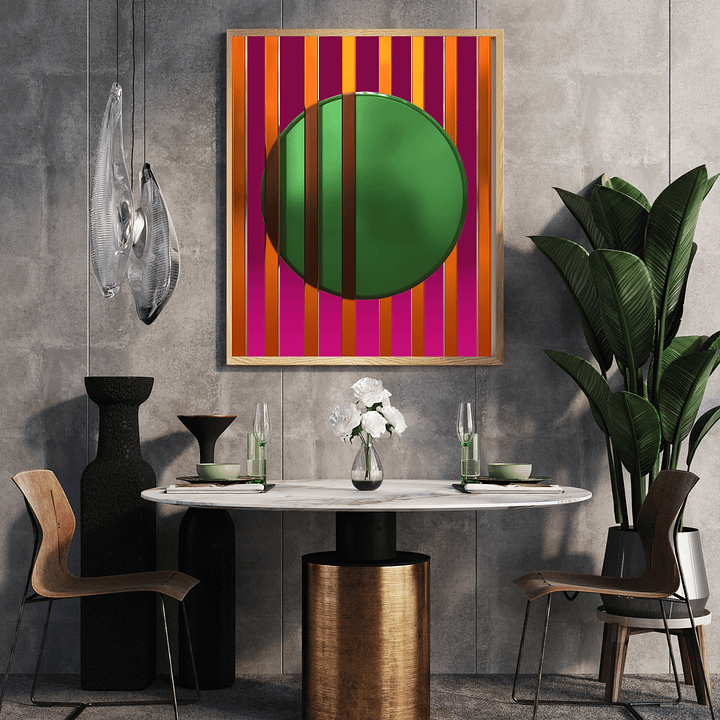 Minimalist 3D Digital Art | Orange Lines Green Circle on Pink Background product image (1)