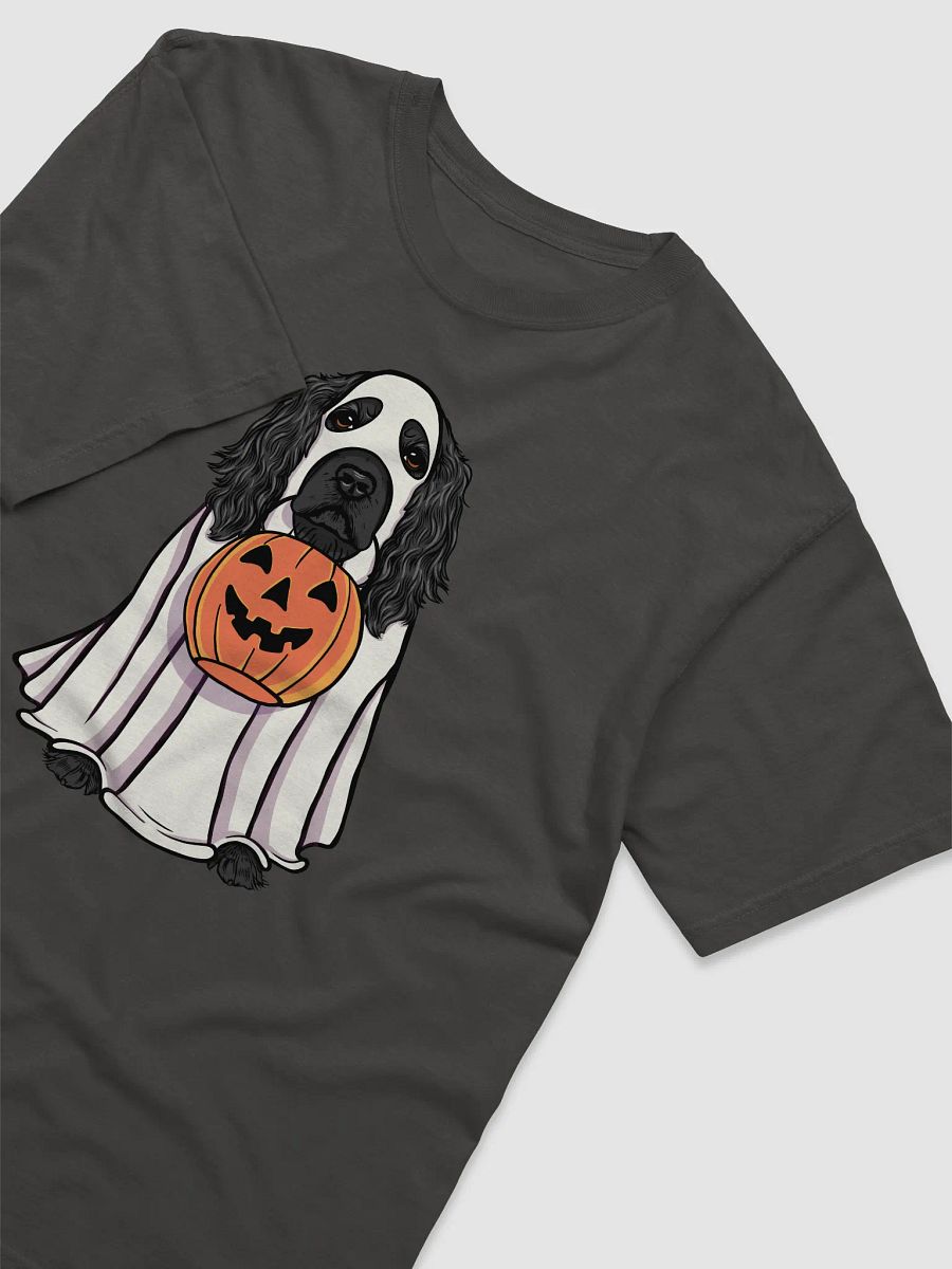 Funny Halloween Cocker Spaniel(Black) T-Shirt | Funny Cocker Spaniel Wearing a Ghost Costume and Holding a Pumpkin Basket product image (15)