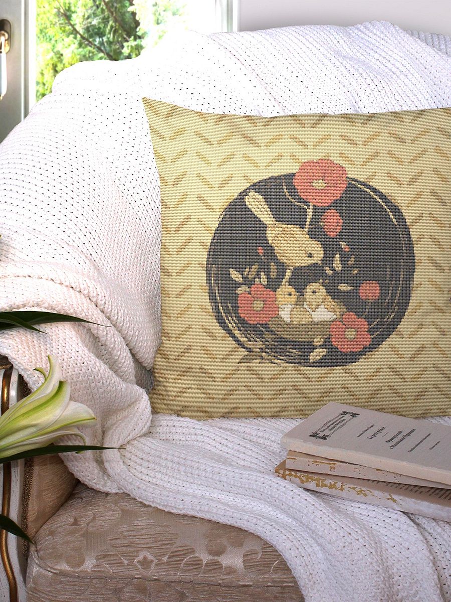 Lovely Printable Cross Stitch Pattern of Mother Bird and Babies in Nest with Floral Accents Earth Tones Red Flowers product image (2)